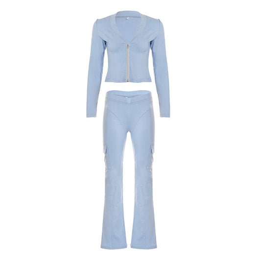 Casual Sports Two Piece Sets Women Knitted V neck Long Sleeve Tight Split Zipper Sweatshirt Sweatpants