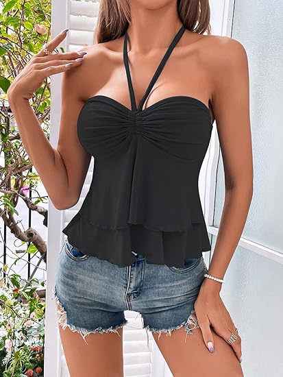 Sexy Lace Up Cross Sling Off-Shoulder Halter Pleated Ruffle Edge Solid Color Tube Top Drawstring Bust Tie Backless Halter Top
