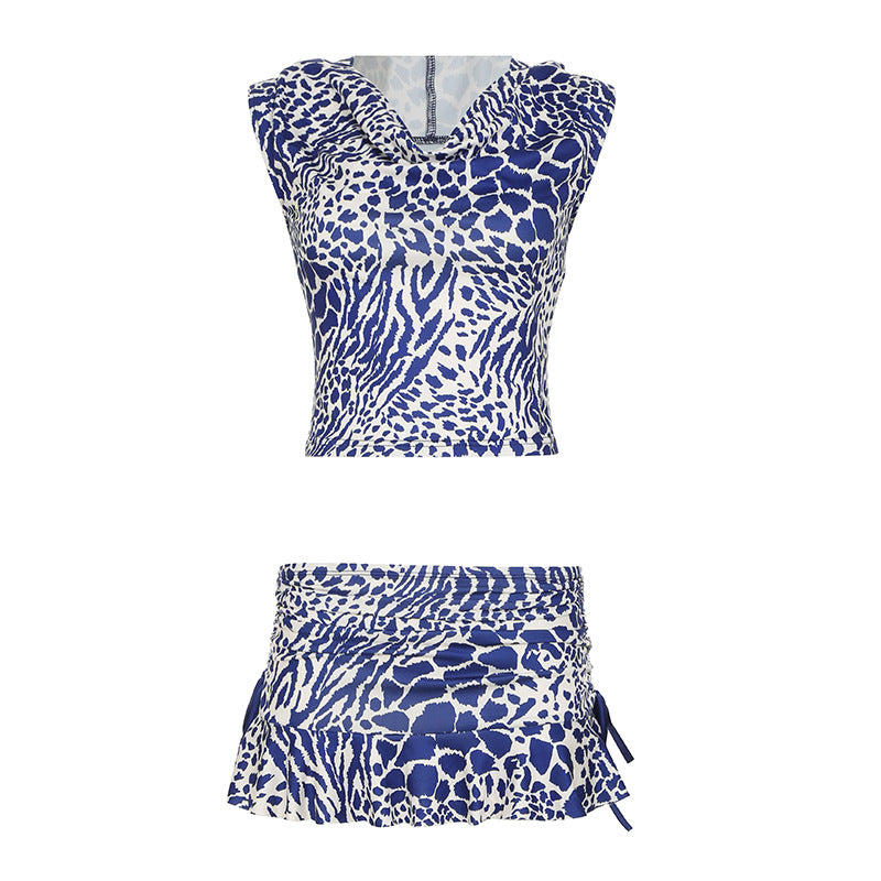 Women Clothing Printed Blue Leopard Print Hooded Sleeveless Top Low Waist Skirt Set Two Piece Summer