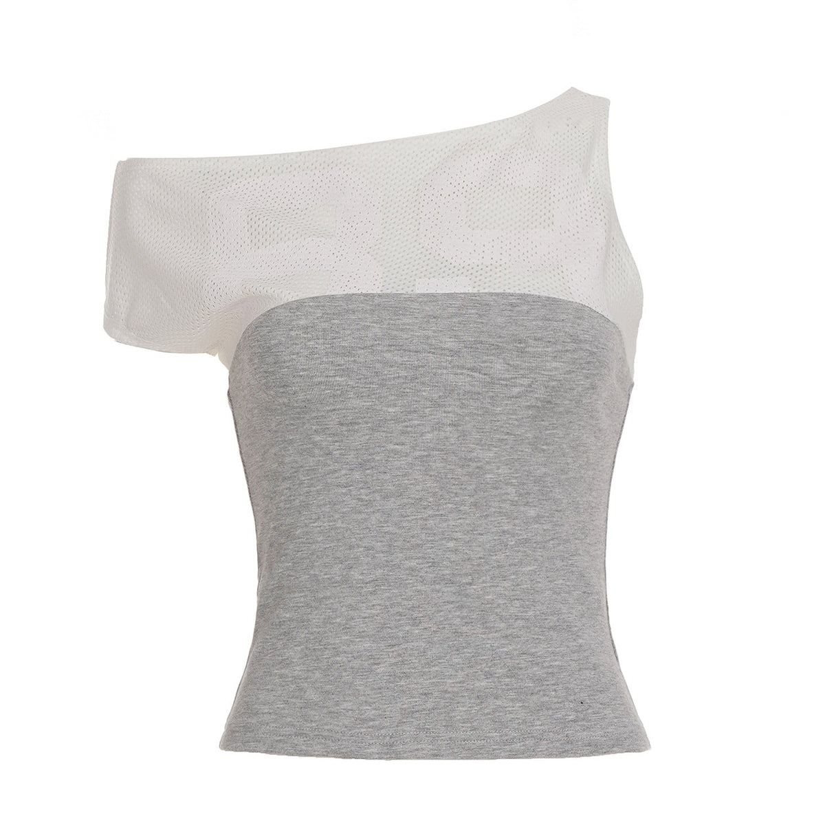 Sexy Diagonal Collar Digital Printed T shirt Stitching Contrast Color Oblique Shoulder Waist Irregular Asymmetric Top
