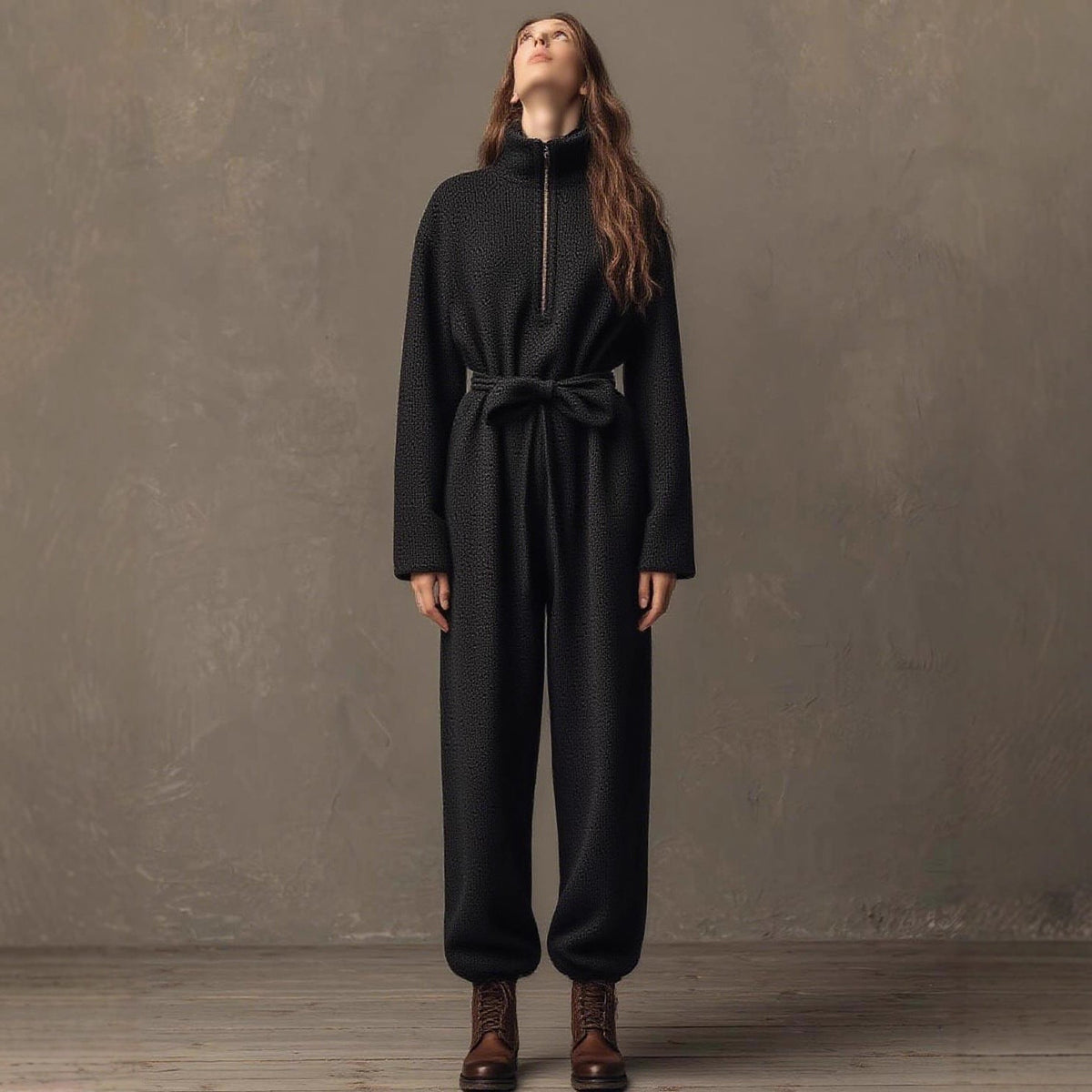 Autumn Winter Casual Zipper Stand Collar Drawstring Lace up Waist Controlled Slimming Sports One Piece Trousers