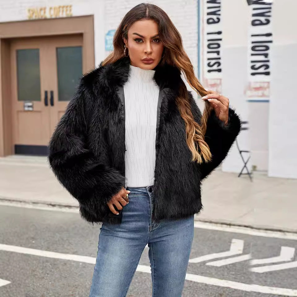 Casual Short Women Faux Fur Coat Top Stand Collar Artificial Fur