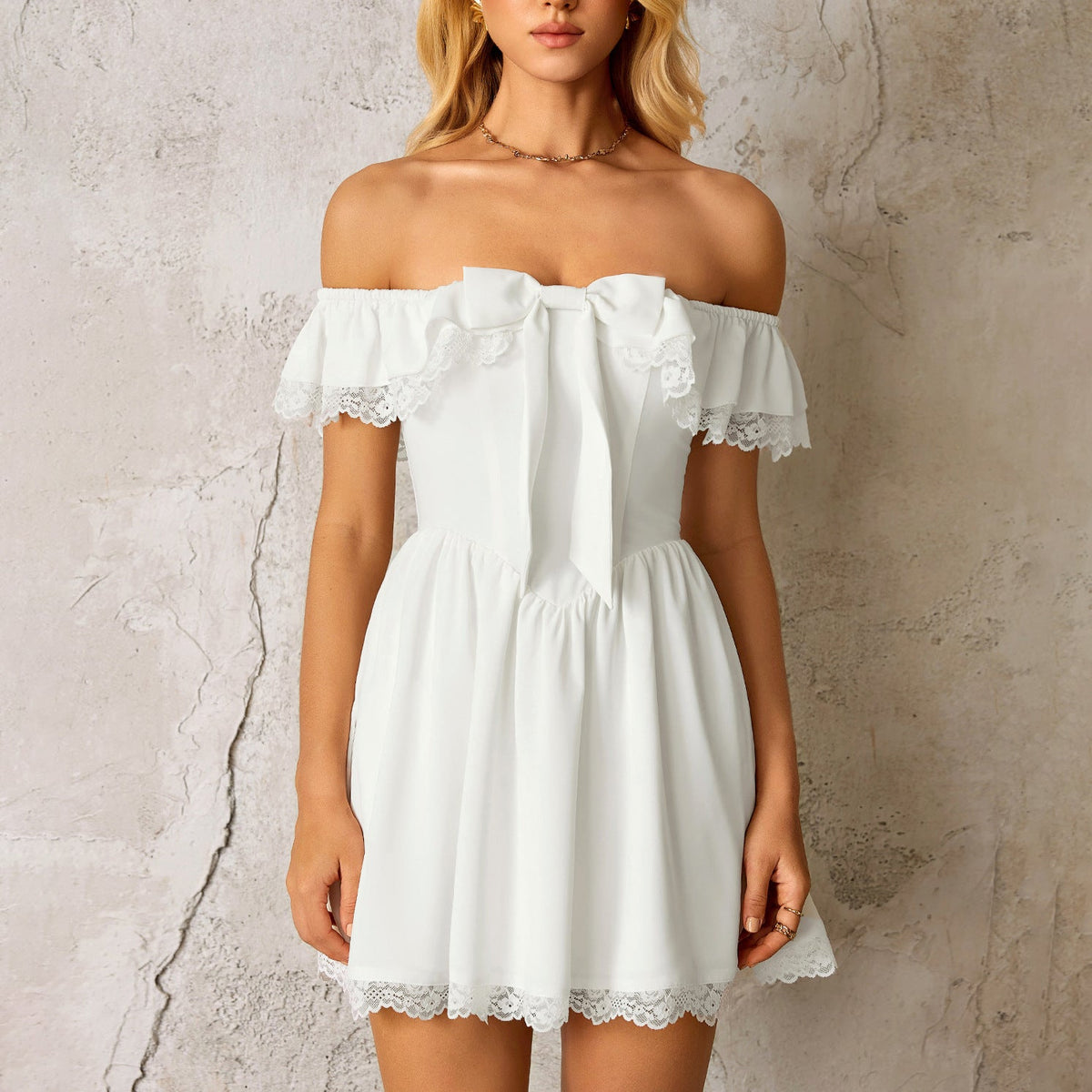Summer Lace Splicing Sling Dress Sexy Sexy Backless off Shoulder A line Dress