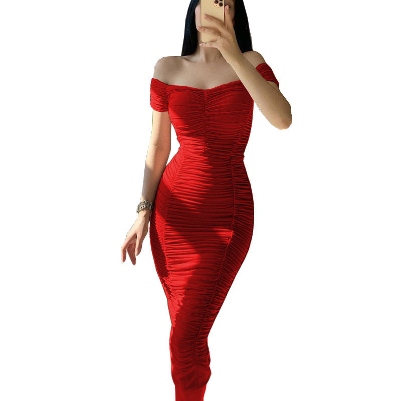 Solid Color Dress Elegant Summer Women Clothing off-Shoulder Pleated Dress
