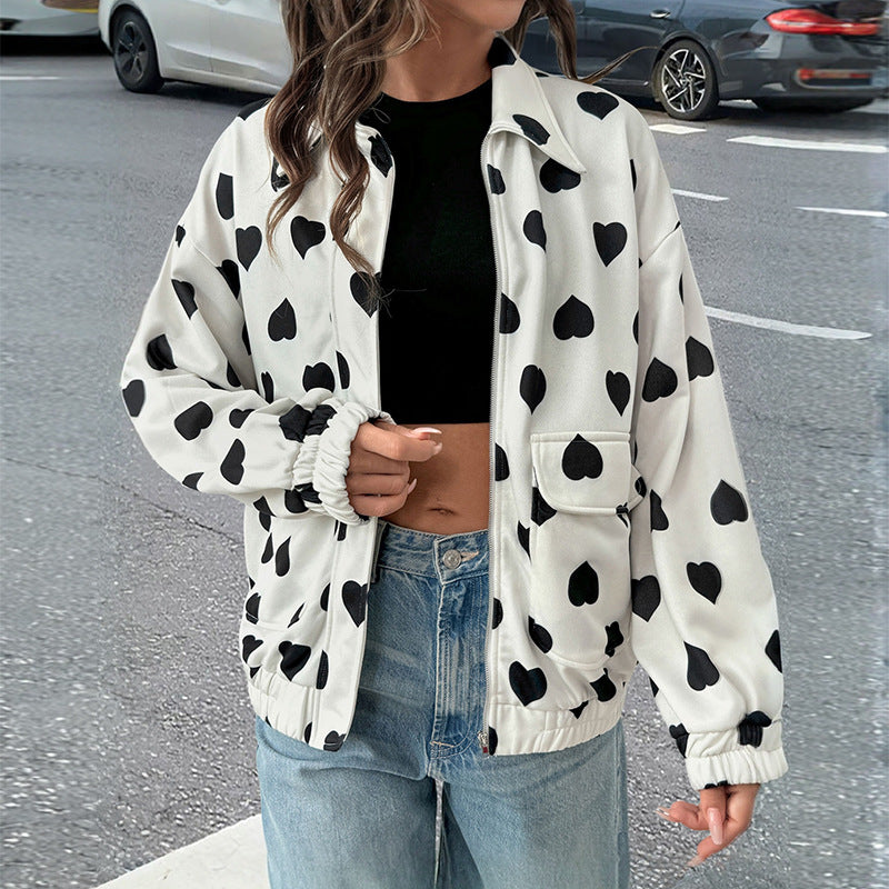 Street Casual Sweet Zipper Collared Love Coat Women Spring Autumn Jacket