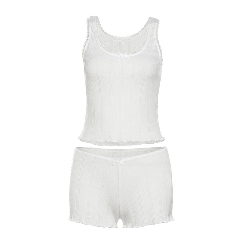 Autumn Winter Sexy Hollow Out Cutout out Lace Stitching Bow Vest High Waist Casual Shorts Set