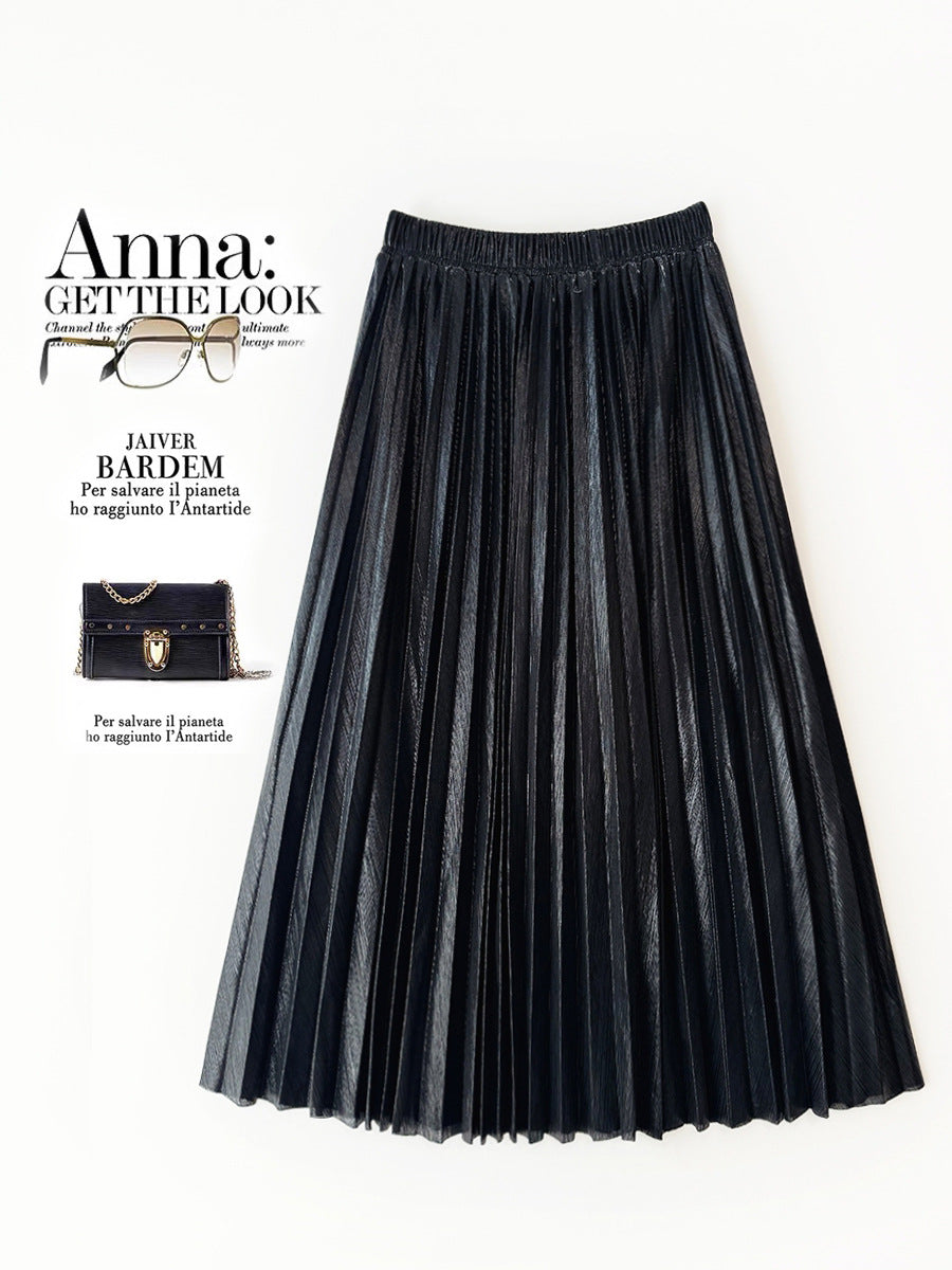 Long Skirt Metallic Pleated Skirt Women Mid Length Drape Gold Brushed Skirt Tide