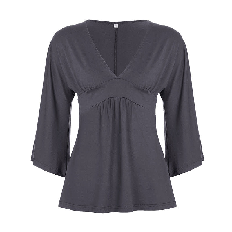 Sexy V neck Solid Color Draping Half Sleeve T shirt Women Bell Sleeve Waist Controlled a Swing Top