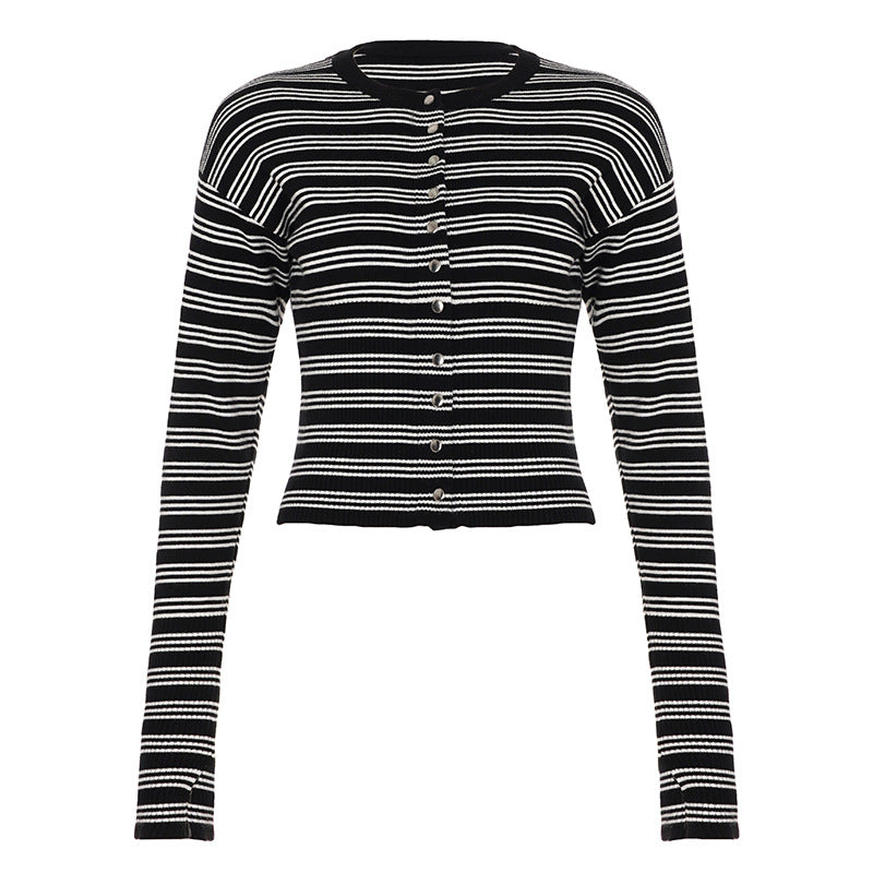 Autumn Winter Striped Set Waist Buckle Knitted Cardigan Coat Shorts Woolen Two Piece Set