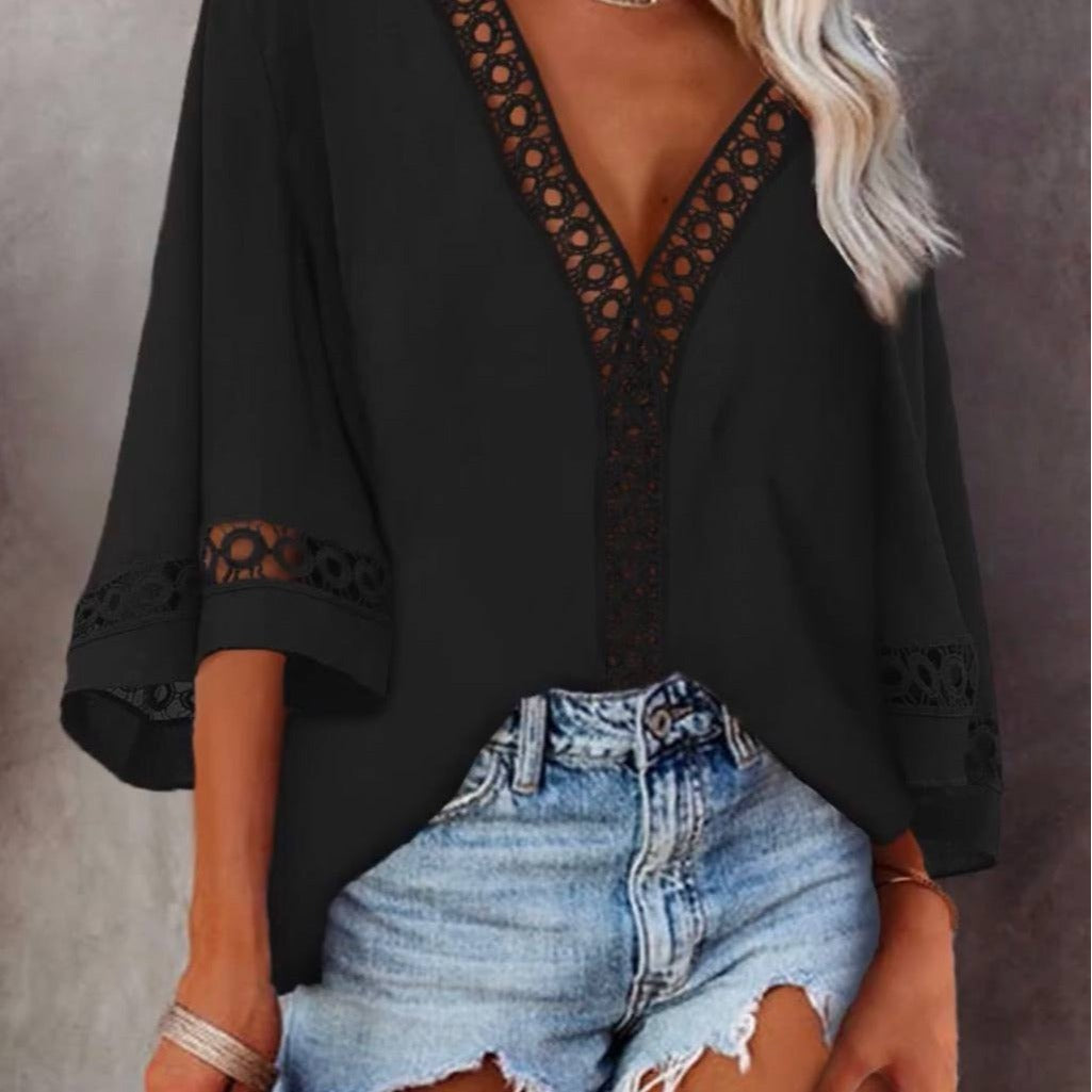 Summer V neck Hollow Out Cutout Lace Shirt
