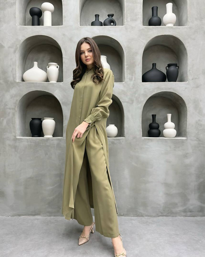 Women Clothing Multi Button Long Sleeve Split Stand Collar Shirt Casual Straight Pants Two Piece Set