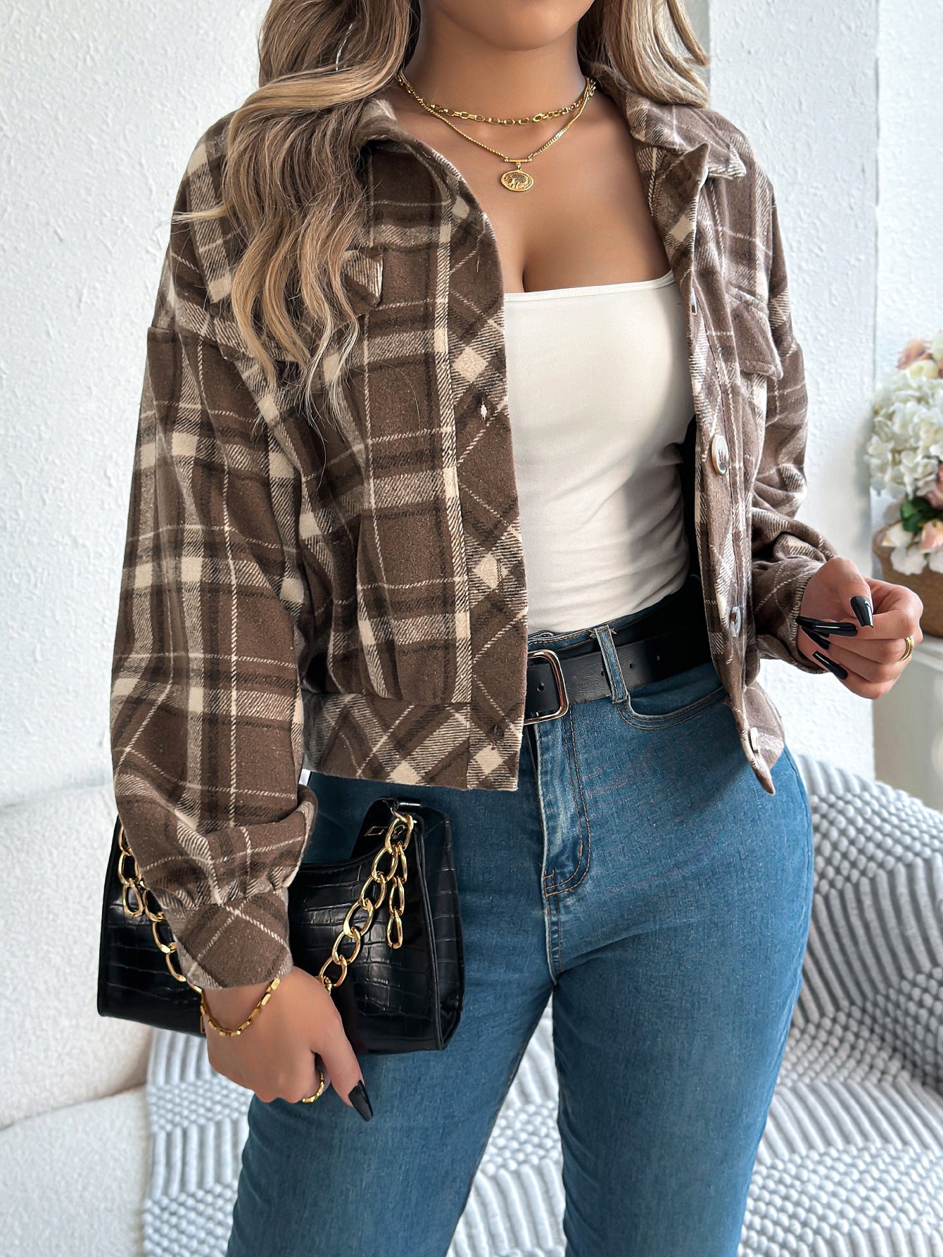 Real Shot Autumn Winter Casual Plaid Faux Pocket Long Sleeve Woolen Cloth Jacket Coat Women Clothing