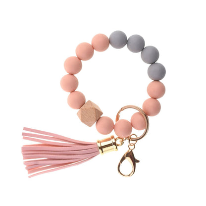PU Tassel Keychain Bag charm Silicone Beaded Keychain Wristlet Key Ring Bracelet Cute Car Key Chain Holder for Women Girls