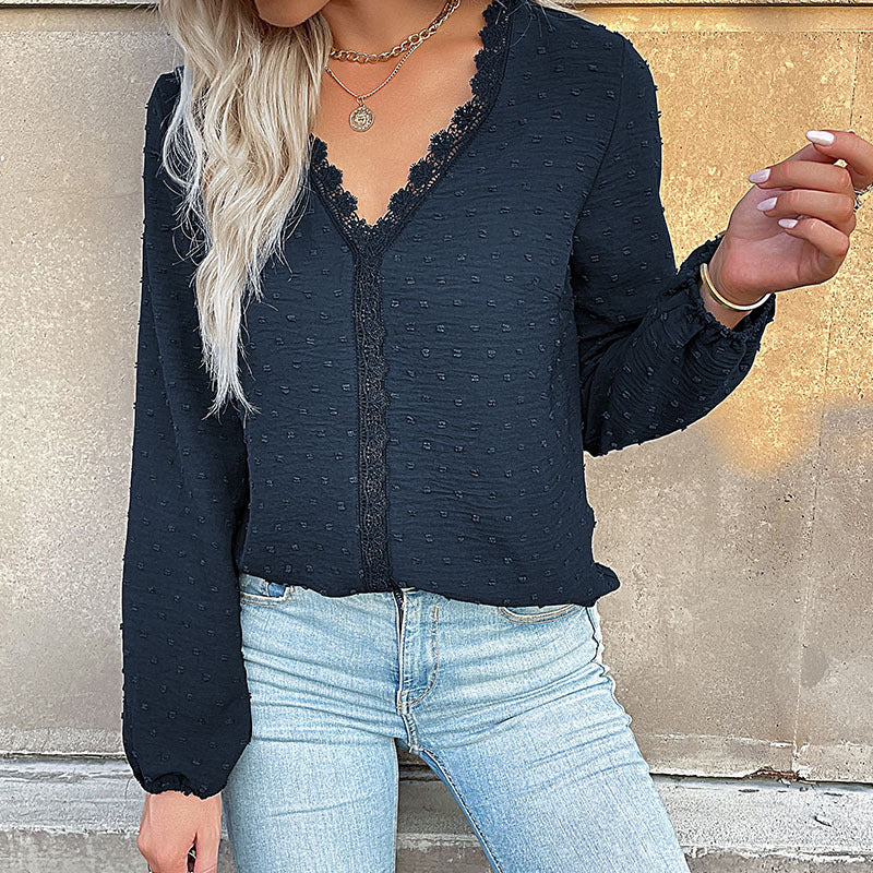 Autumn Women Clothing Long Sleeve Solid Color V neck Shirt for Women