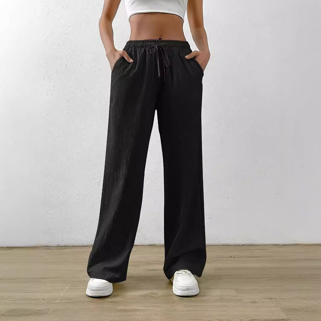 Women Clothing Spring Summer All Match Solid Color Loose Casual Draping Elastic Waist Drawstring Wide Leg Pants Trousers