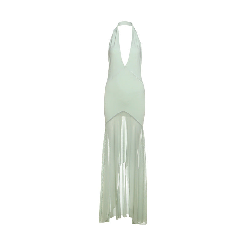 Women Clothing Summer Elegant Sexy Deep V Plunge neck Mesh Stitching Backless Slim Fit Dress Women