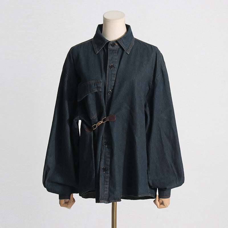 Personalized Trendy Coat for Women Early Spring Loose Design Collared Long Sleeve Denim Coat for Women