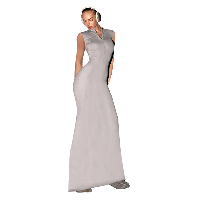 Women Clothing Summer Solid Color Simple Casual Zipper Sleeveless Slim Fit Dress Women Dress