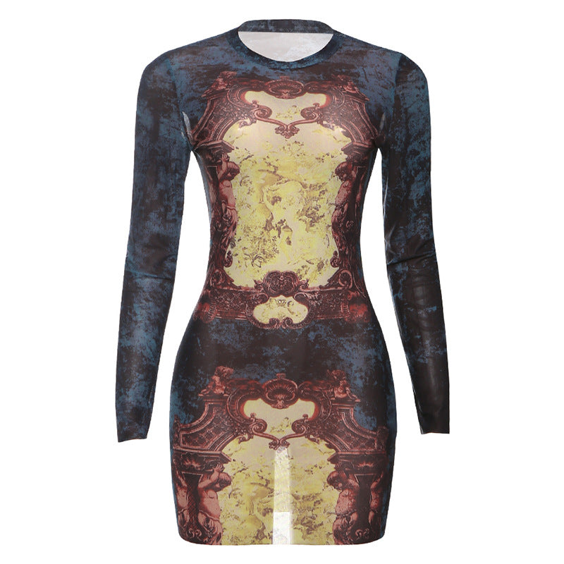 Autumn Winter Women Sexy Slim Hip Short Printed Long Sleeve Dress