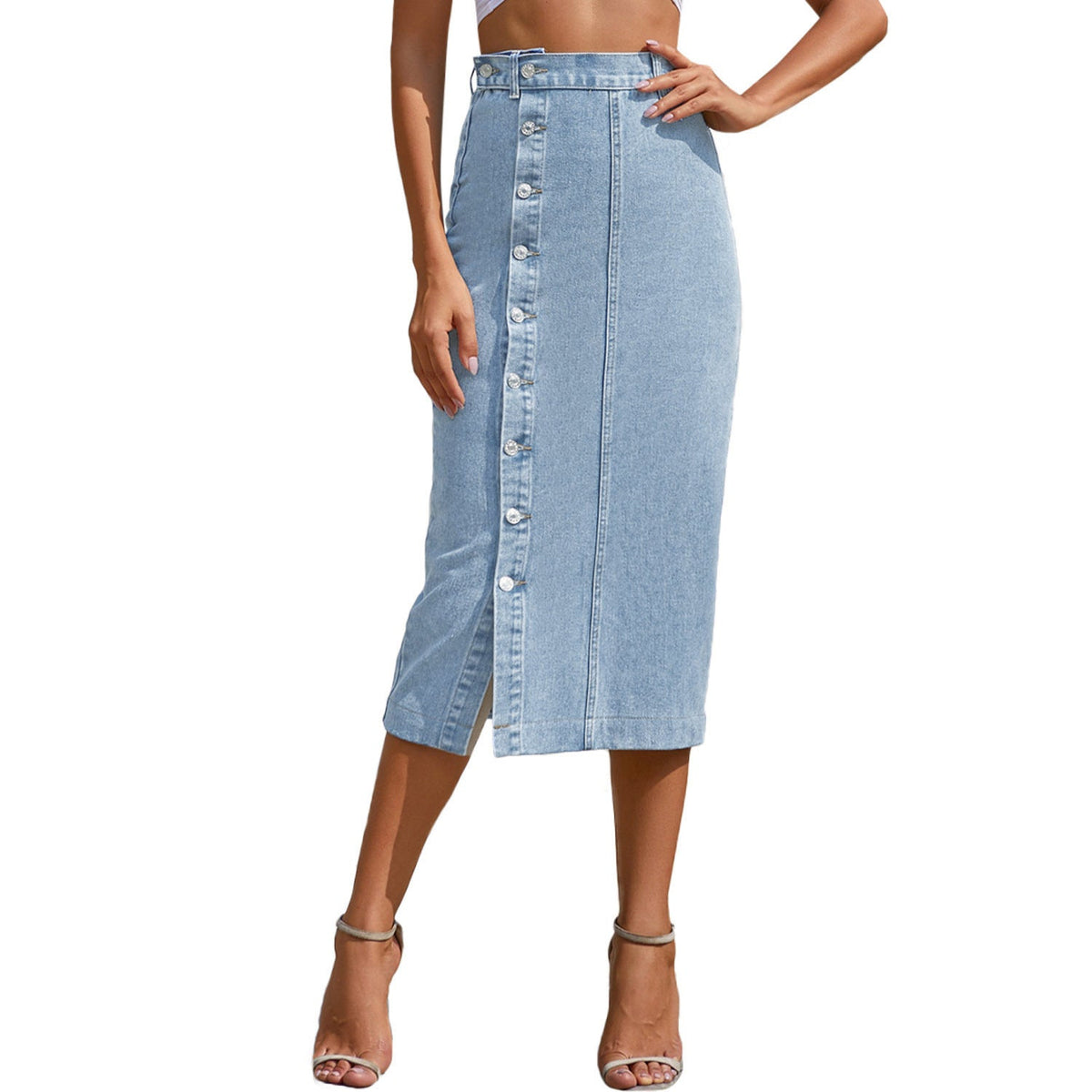 Women Clothing Button Irregular Asymmetric Slit Denim High Waist Long Skirt