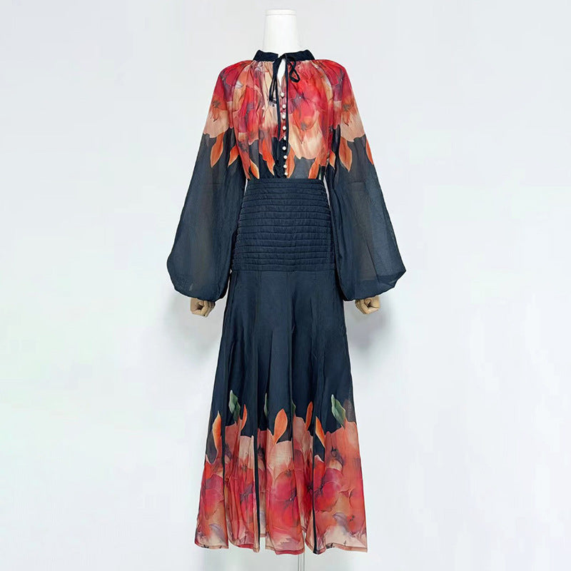 Women Lantern Sleeve Printed Shirt High Waist Floral Skirt Two Piece Set