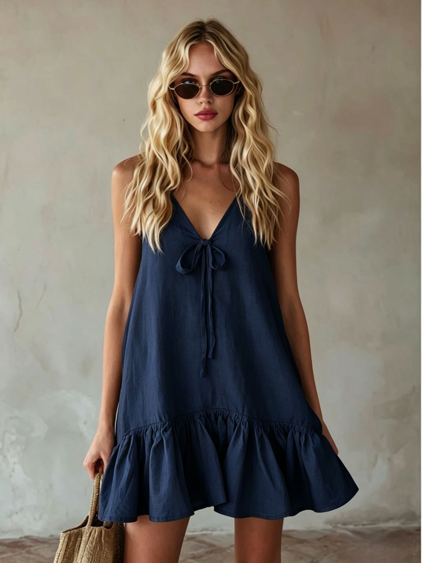 Summer Retro Vacation V neck Sleeveless Ruffled Loose Dress