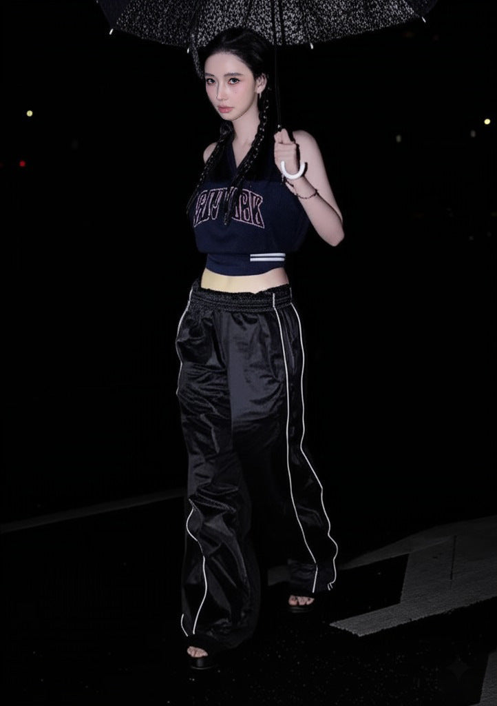 Street Sports Letter Graphic Printed Halter Strap Vest Elastic Waist Loose Trousers Casual Two Piece Sets