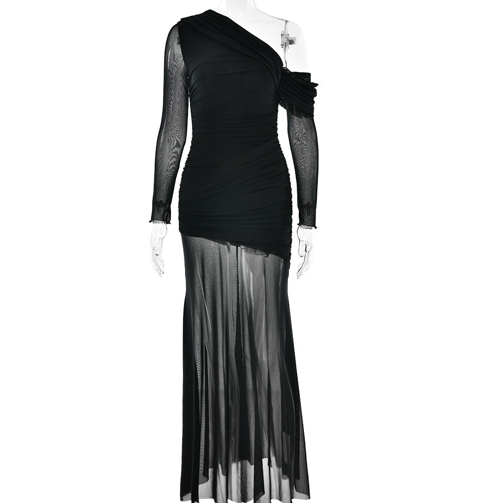 Women Dress Mesh Stitching Pleated Solid Color Long Sleeve Slim Fit Maxi Dress