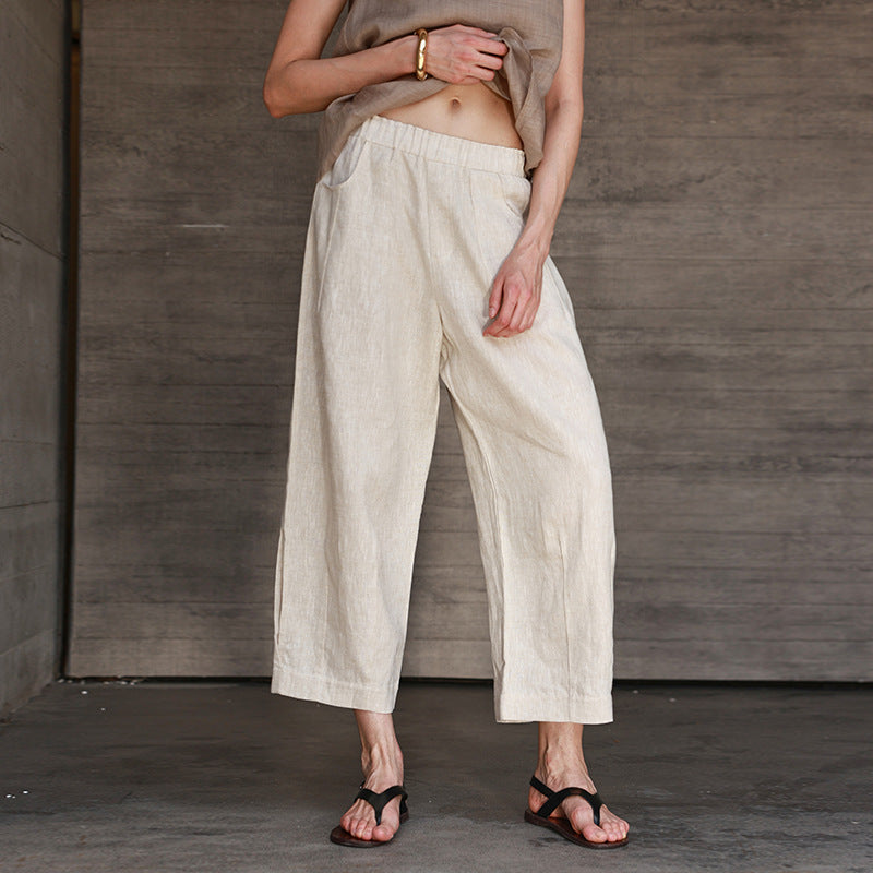 Pure Linen Cropped Pants Women Autumn Elastic Waist Radish Pants Loose Pants All Matching Slimming Straight Pants
