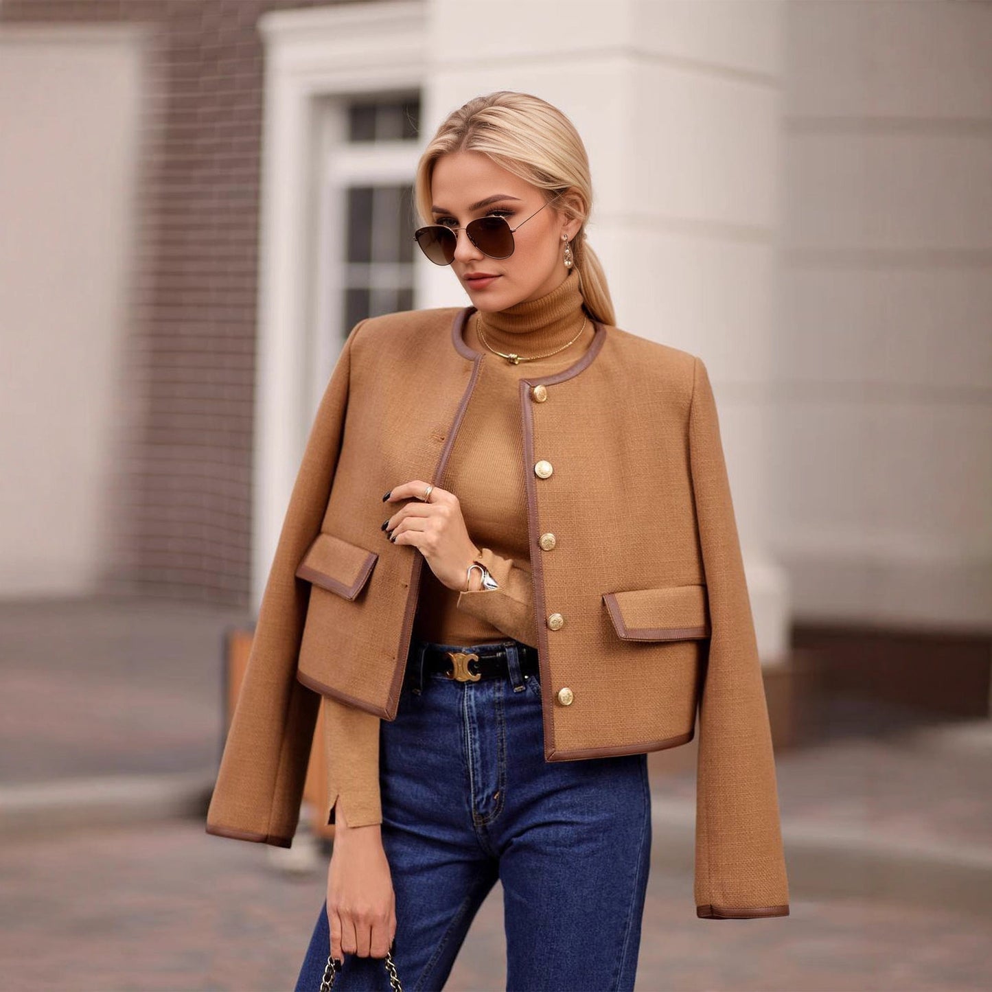 Autumn Winter Women Coat Classic round Neck Metal Button Design Short Coat
