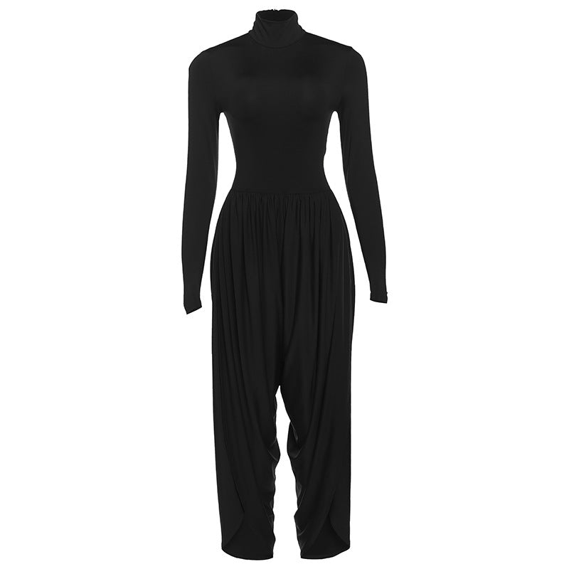 Fall Women Clothing Slim Fitting Cool Turtleneck Solid Color Long Sleeve Pleated High Waist One Piece Trousers Women