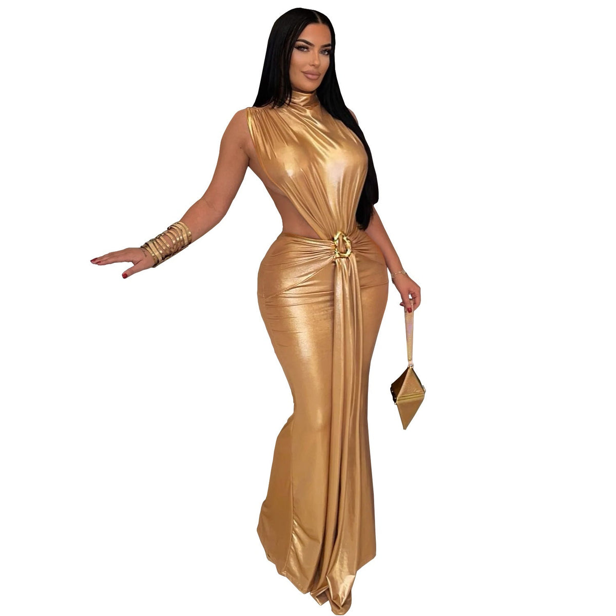 Women Wear Sexy Elegant Turtleneck Arm Covering Split Dress