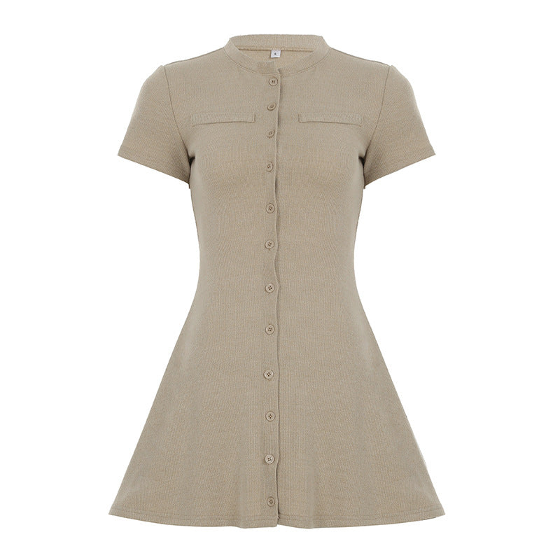 Women Clothing Solid Color Classic Knitted Dress round Neck Single Breasted Short Sleeve Waist A line