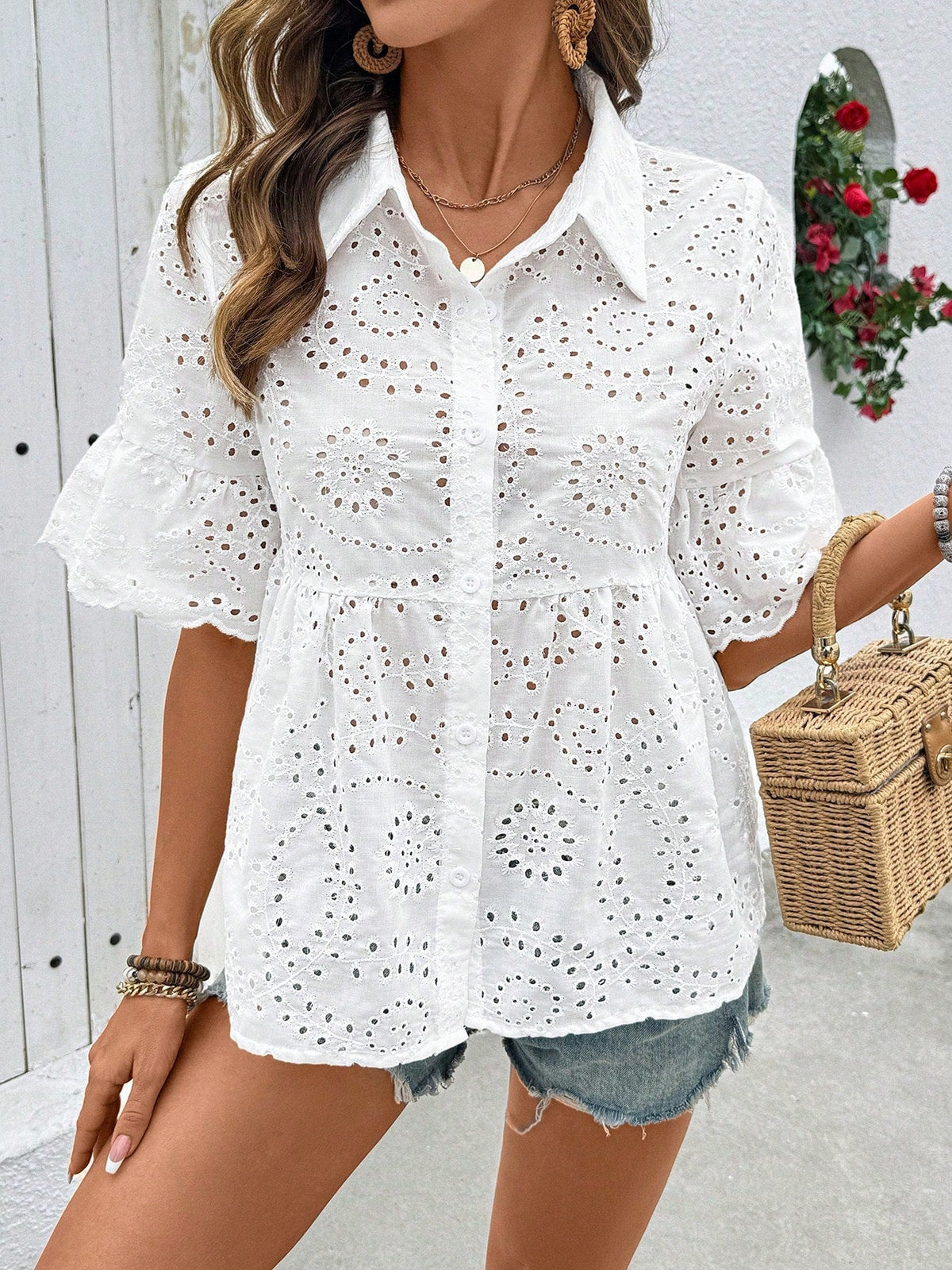 Spring Summer Mid Sleeve Collared Cardigan Lace Hollow Out Cutout out Pure White Chiffon T shirt Women