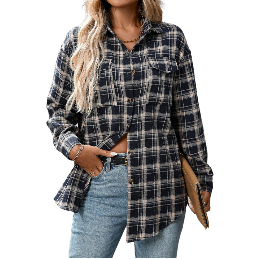 Autumn Winter Women Clothing Casual Loose Plaid Pocket Shirt for Women