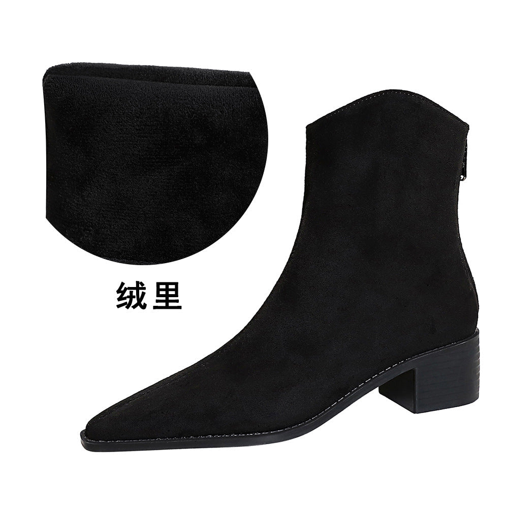 Fashionable Simple Winter All Matching Chunky Heel Mid Heel Pointed Toe Suede Short Boots Short Women Boots
