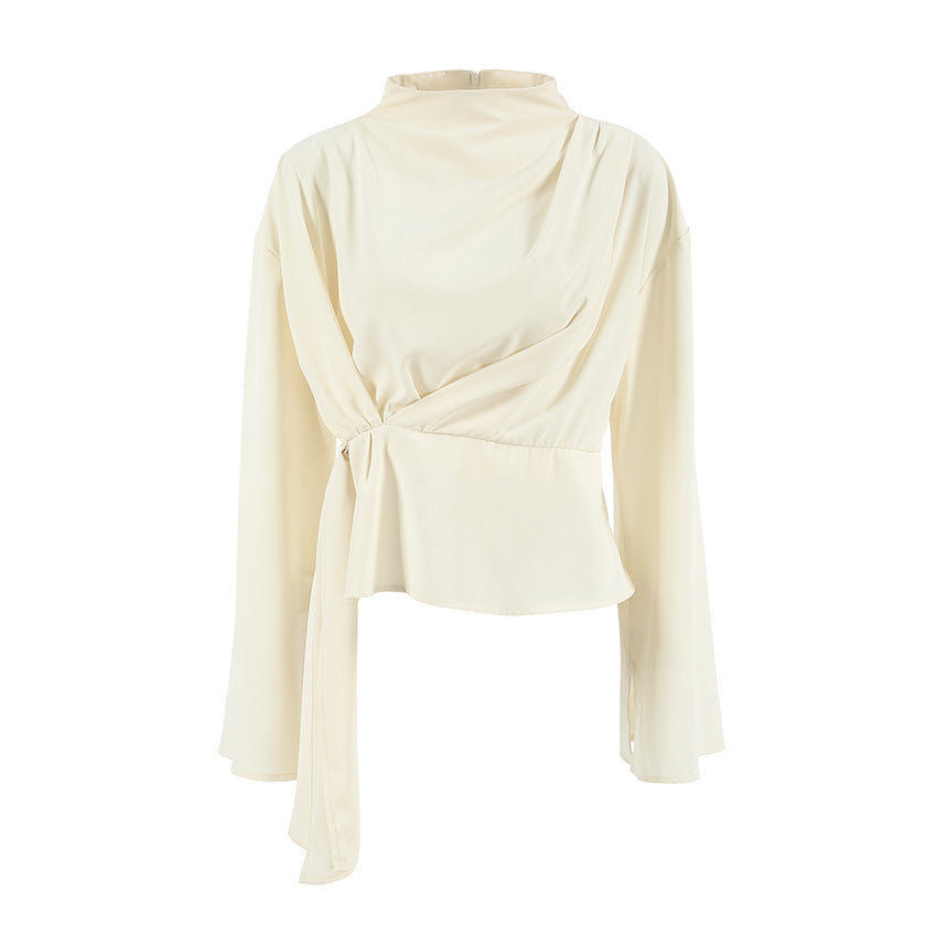 French Small Stand Collar Chiffon Bell Sleeve Pleated Split Shirt Spring Top
