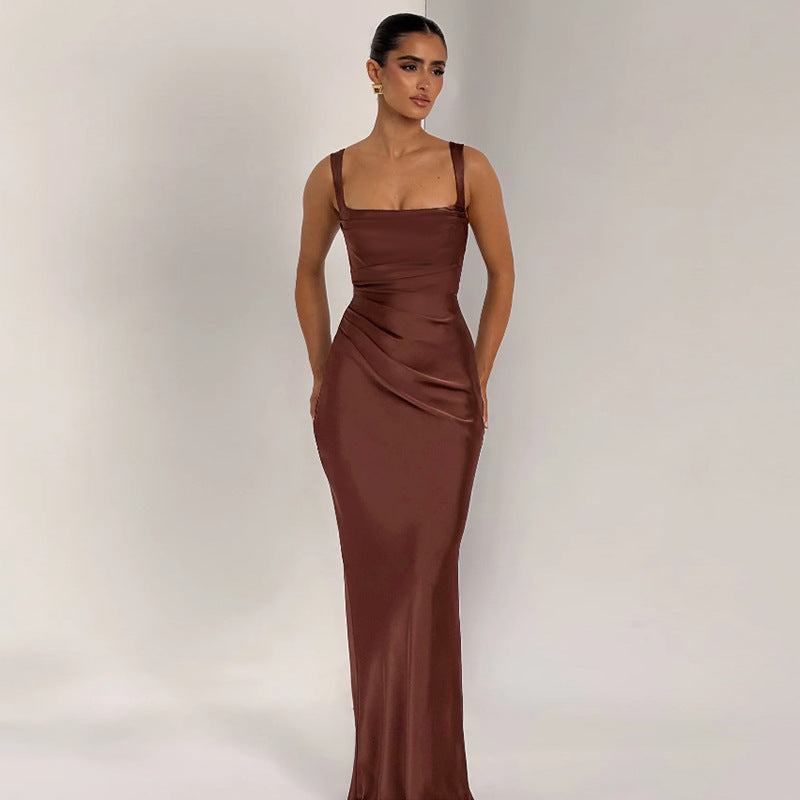 Socialite Sexy Dress Elegant Backless Satin Sheath Suspender Dress