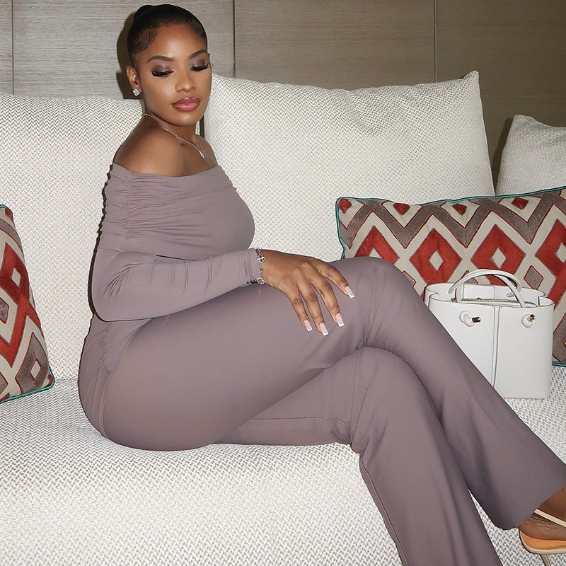 Solid Color Women Clothing Comfort Casual Solid Color Pleated Long Conjoined Trousers Raglan Long Sleeve Tube Top Jumpsuit
