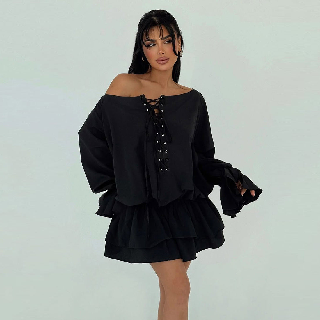 Women Clothing Fall Sexy Solid Color off Shoulder Backless Loose Lace up Bell Sleeve Dress