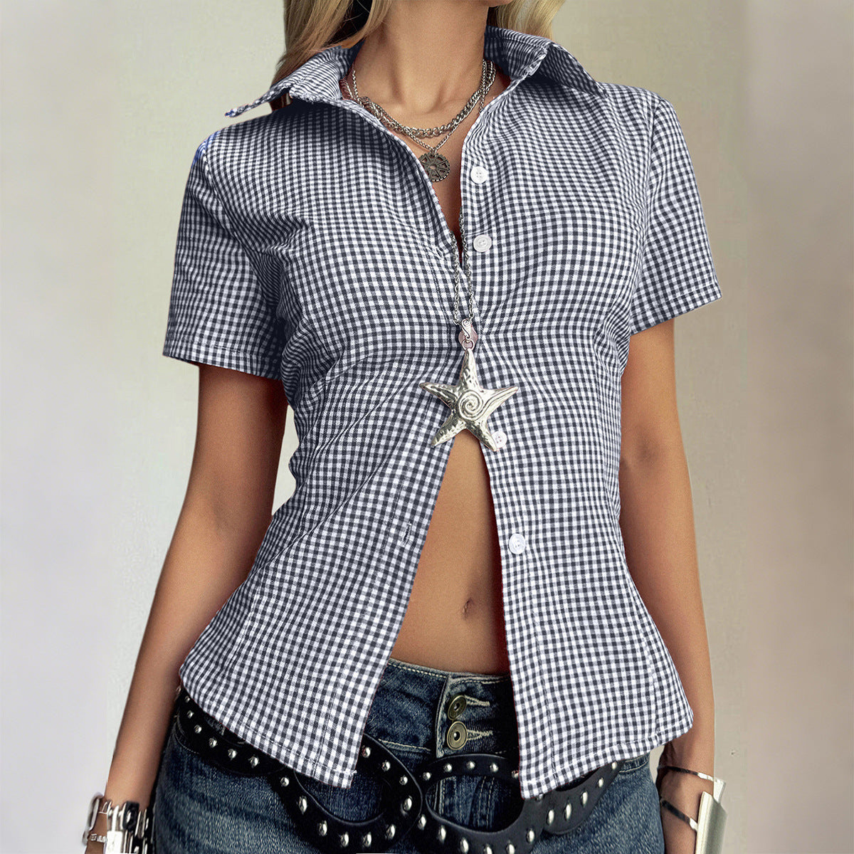 Casual Holiday Plaid Button Short Sleeved Blouse Women Clothing Autumn