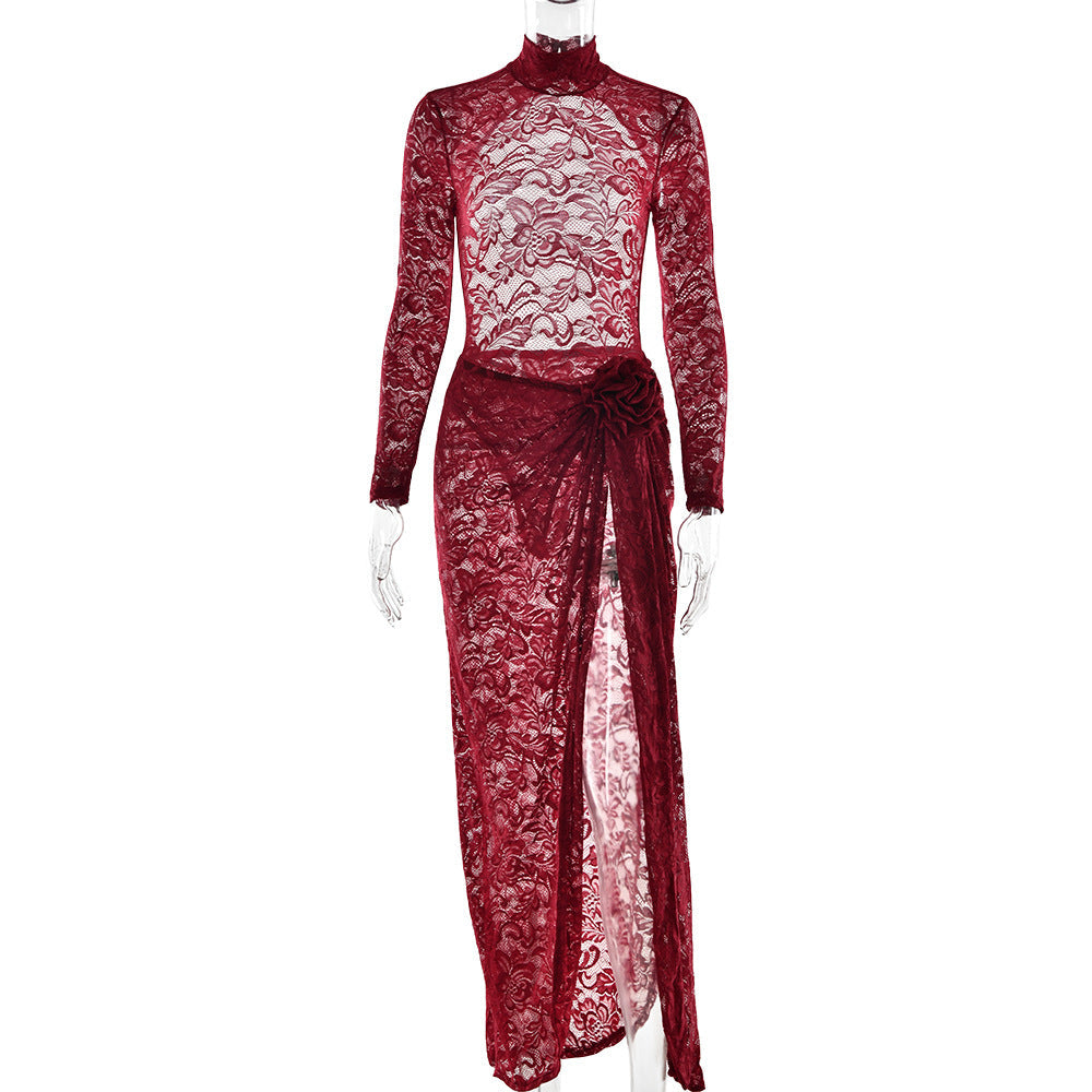 Sexy Slim Fit See through Two Piece Sets Half Turtleneck Bare Back Jumpsuit Side Slit Skirt