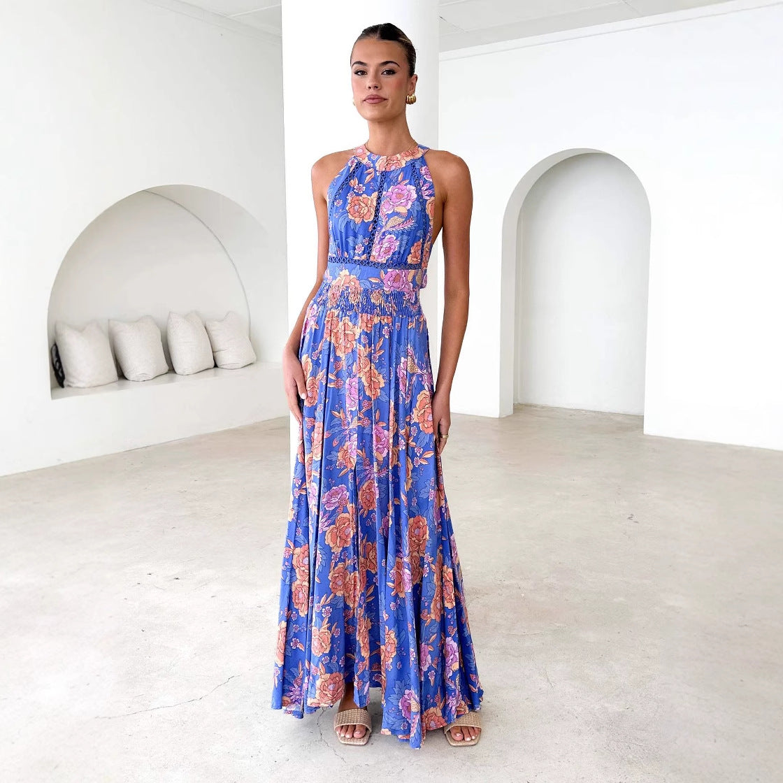 Printed Halter Beach Bohemian High Waist Backless Floral Dress Women Clothing