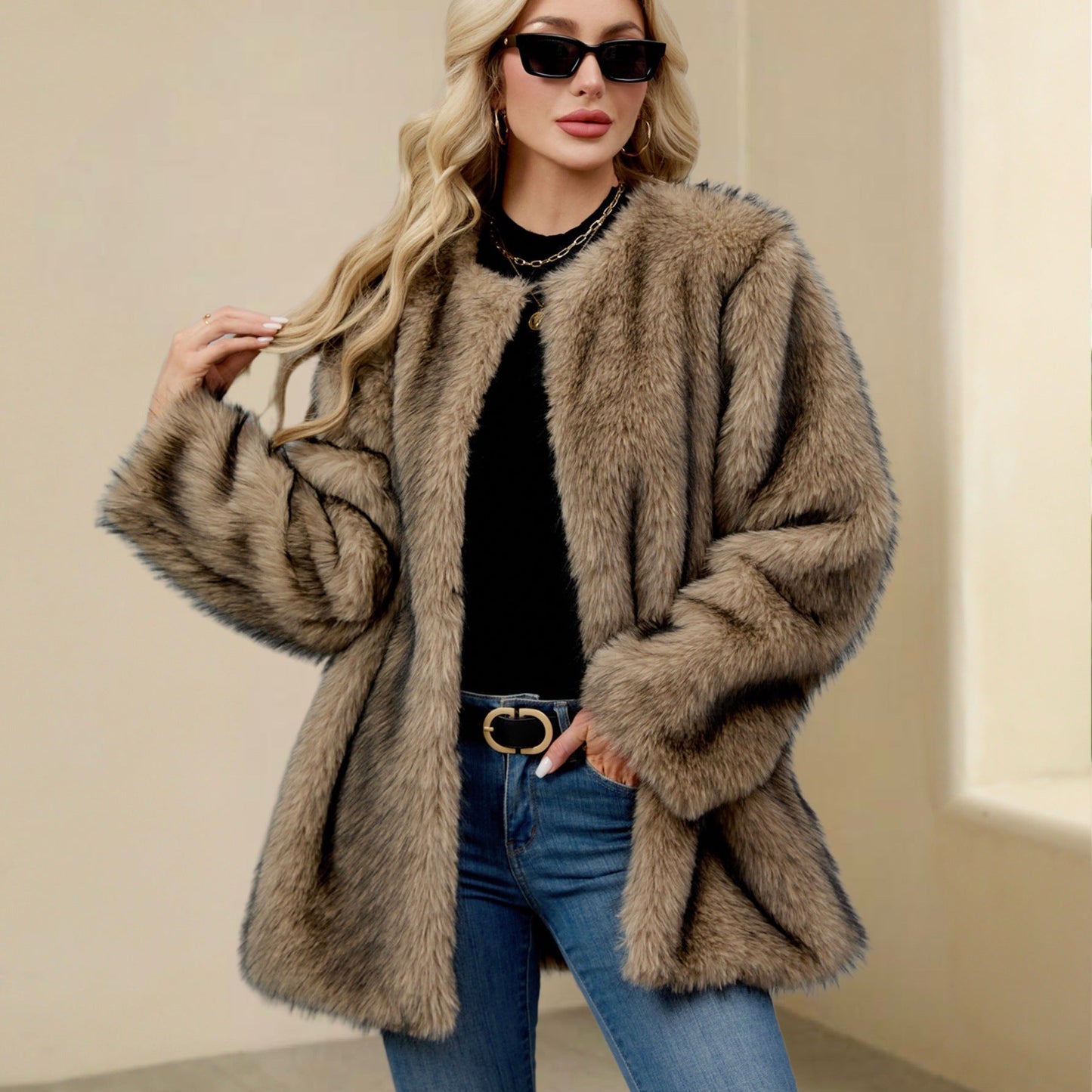 Autumn Winter Faux Fur Coat Women Loose Warm Plush Cardigan Artificial Wool Coat Overcoat