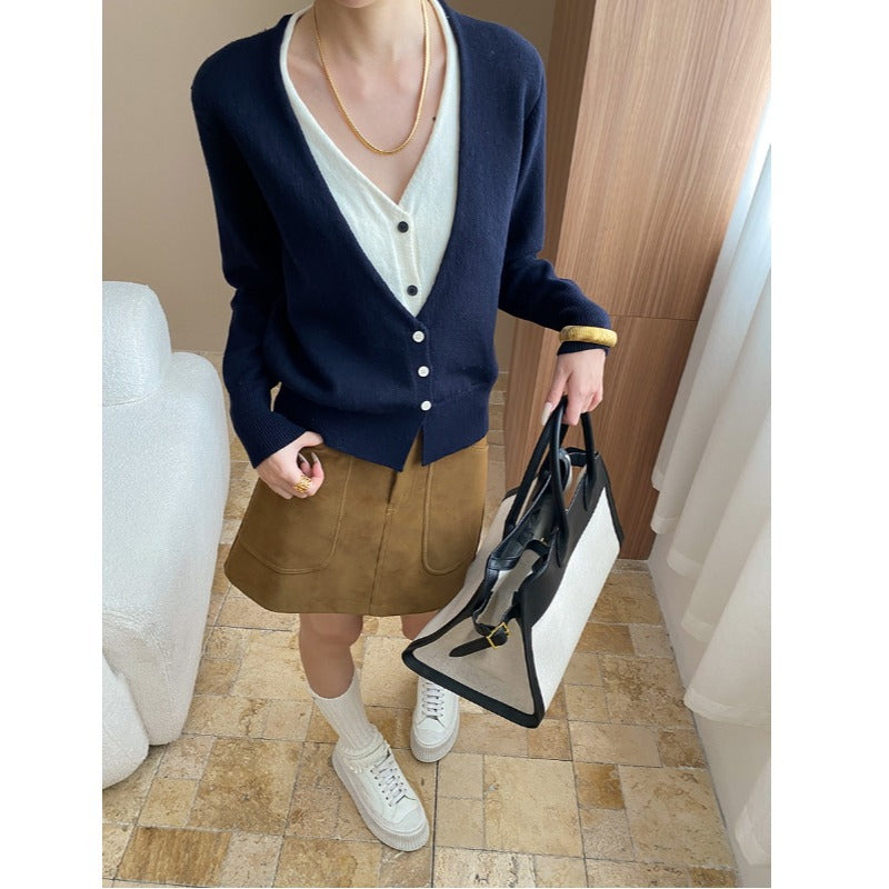 Layered Aesthetics Niche Design Contrast Colors False Two Piece V neck Figure Flattering Knit Cardigan