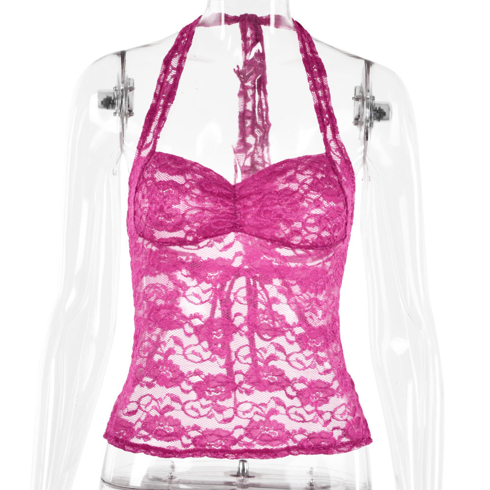 Summer Lace Splicing Sling Halter Small Top Women Sexy See through T shirt