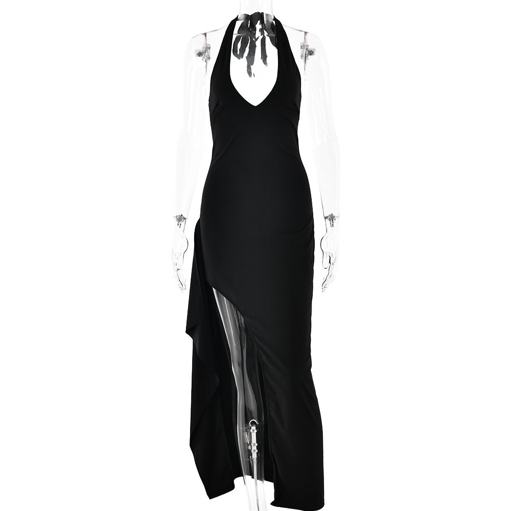 Spring Dress Sexy V neck Halter Strap Backless Slit Maxi Dress