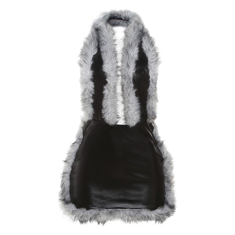 Women Clothing Autumn Winter Sexy Fur Stitching Faux Leather Halter Deep V Plunge neck Dress Women