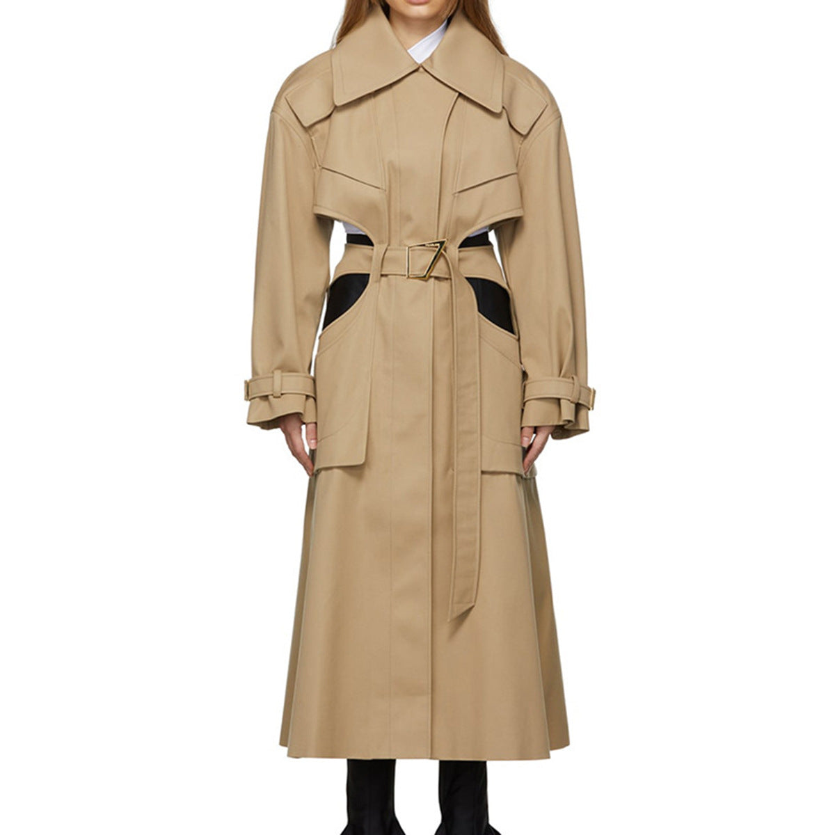 High Grade Long Trench Coat Women Spring Autumn Special Interest Design Deconstructed Hollow Out Cutout long Sleeve Cropped Outfit Lace up Coat