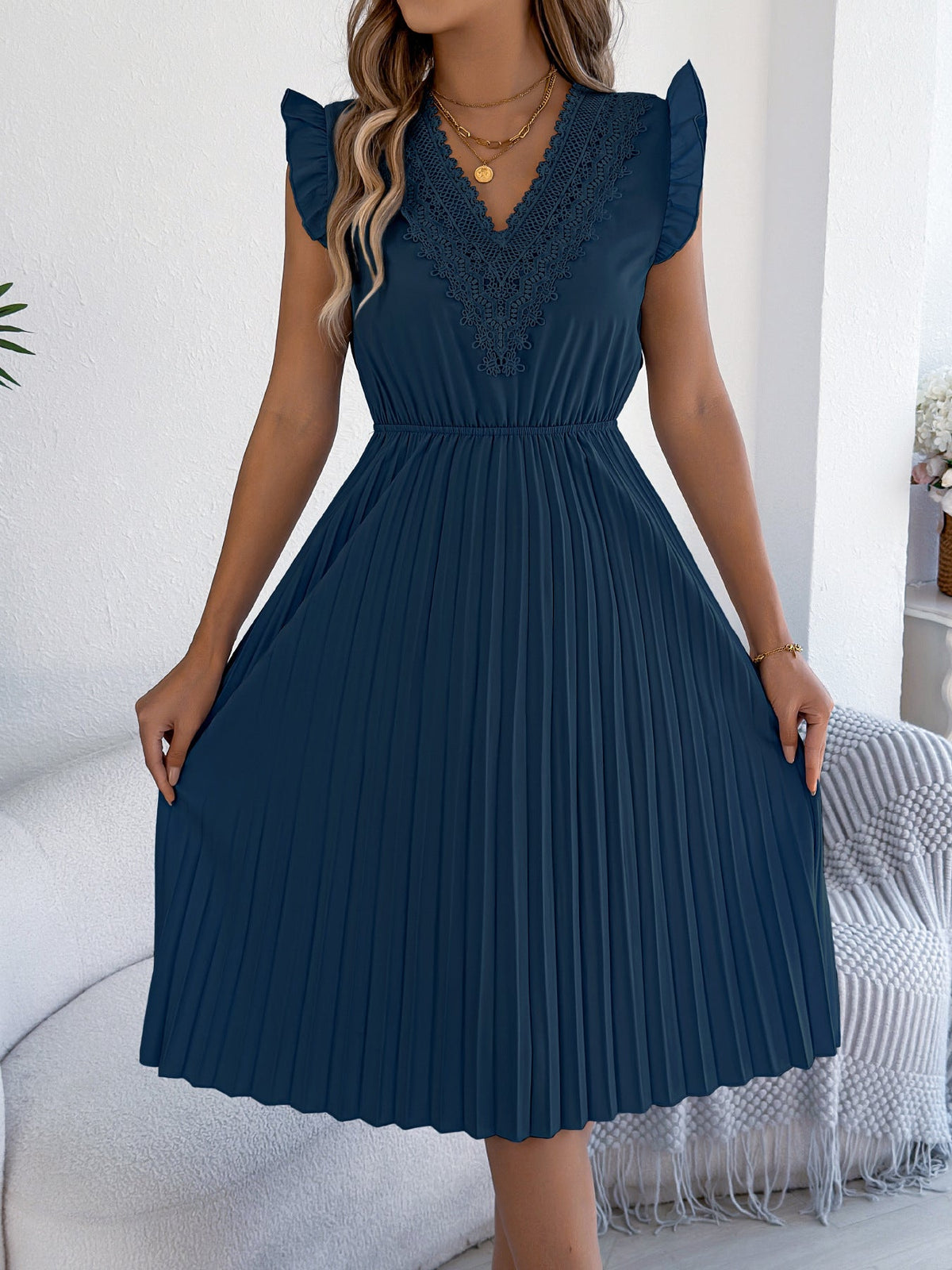 Women Clothing Spring Summer Casual Lace V neck Wooden Ear Cinched Pleated Dress